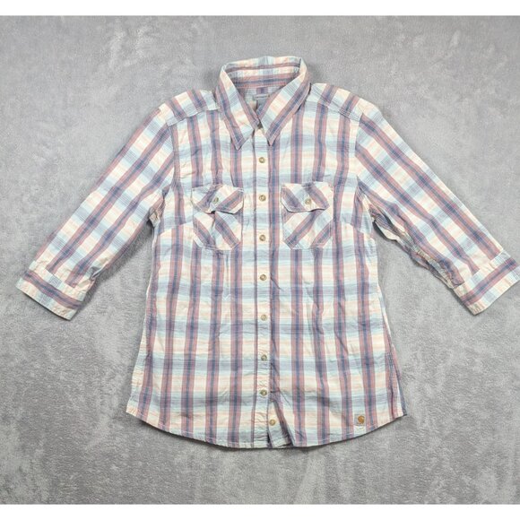 Carhartt Button Up Blouse Womens Size Medium Plaid Outdoor Work Chore Rugged - Picture 1 of 8